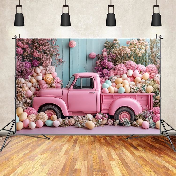 Easter Photography Backdrops Pink Truck Floral Egg Backdrop UK BRP11-364