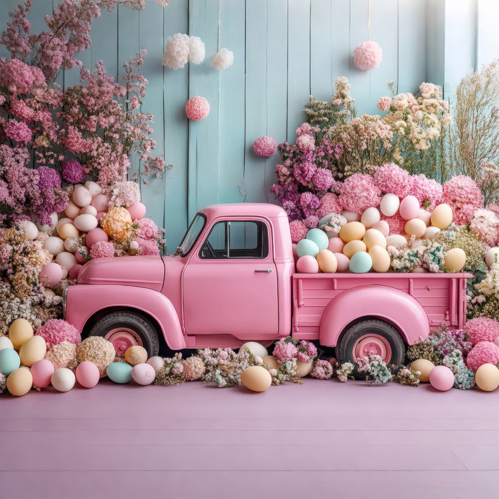 Easter Photography Backdrops Pink Truck Floral Egg Backdrop UK BRP11-364