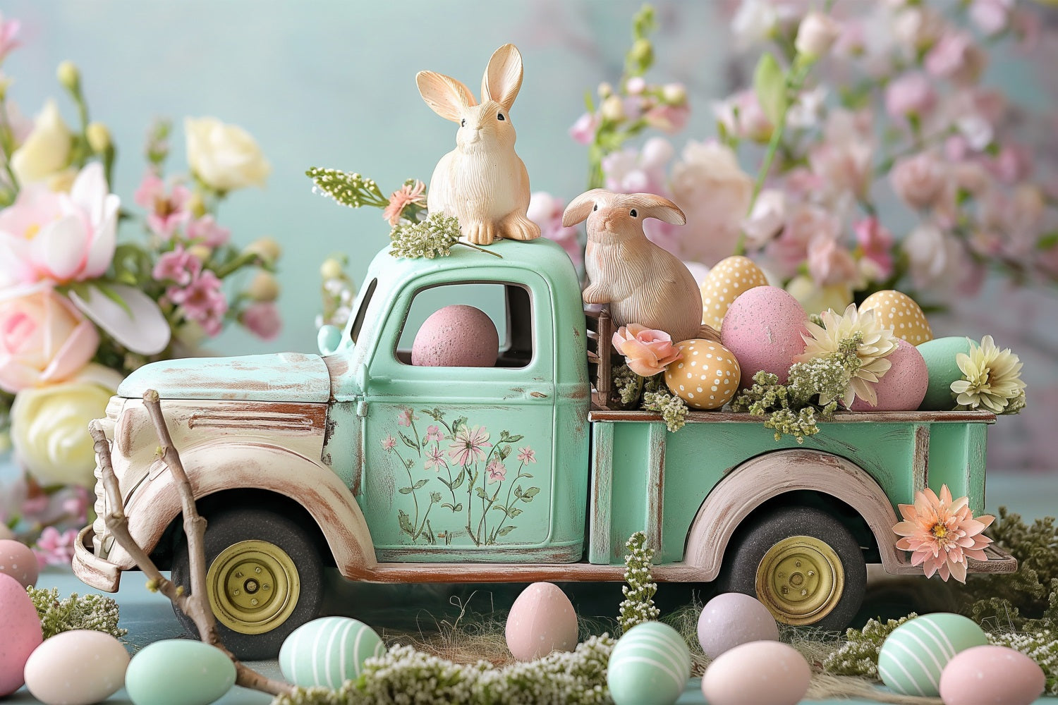 Easter Pictures Backdrop Bunny Truck Floral Eggs Backdrop UK BRP11-366