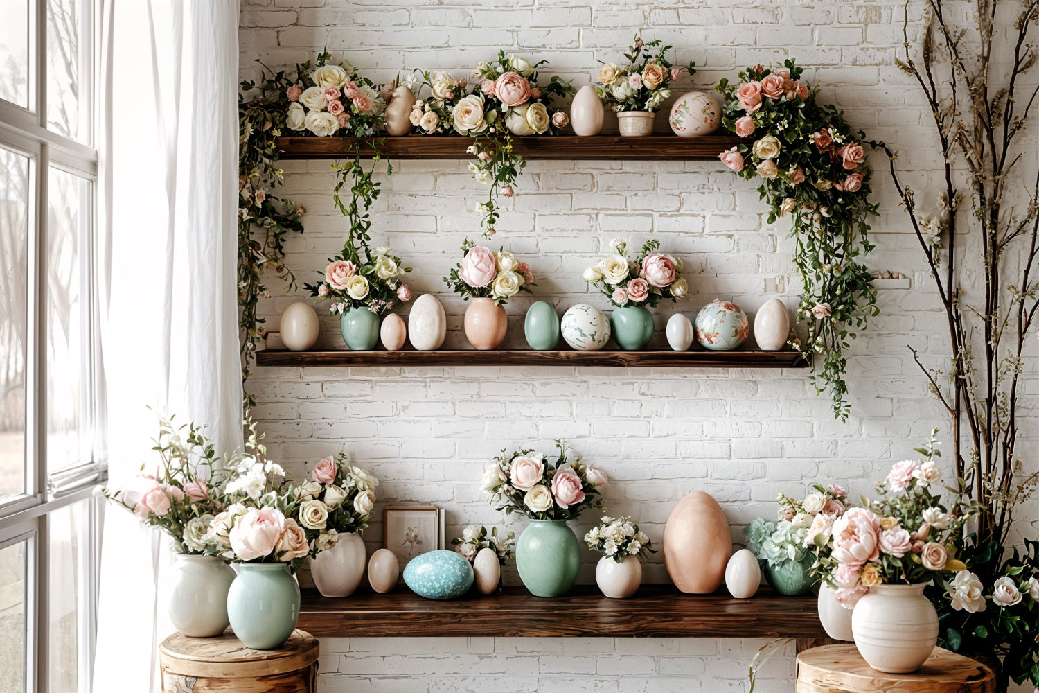 Easter Photography Backdrop Brick Wall Floral Egg Backdrop UK BRP11-369