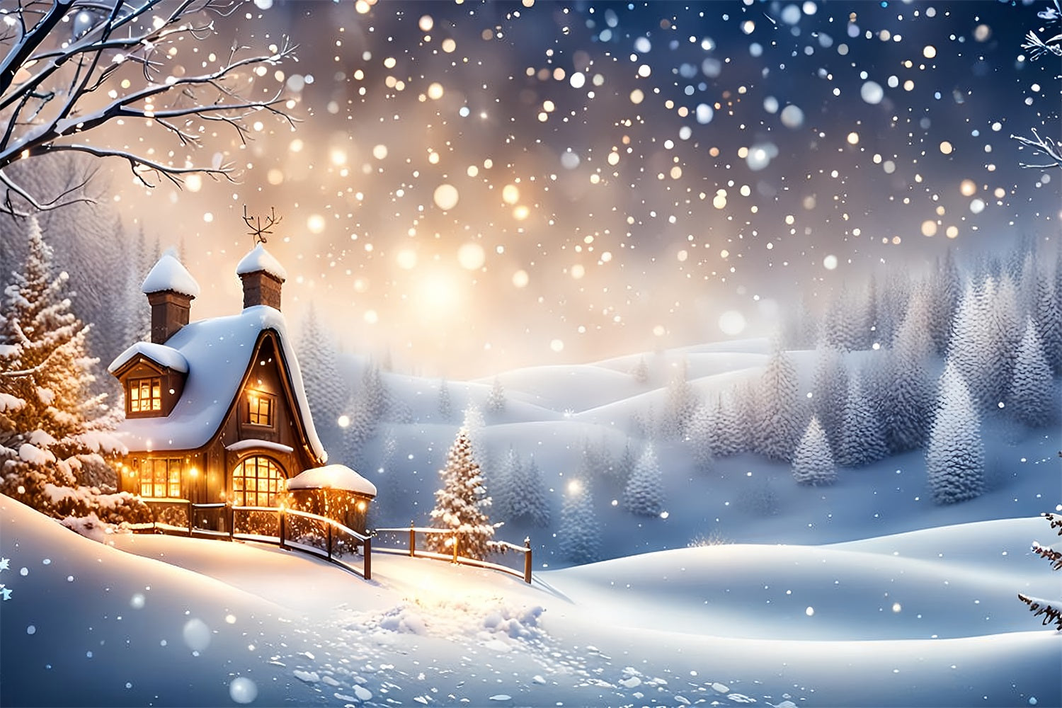 Winter Backdrop Ideas Cottage Nestled Snowy Landscape Backdrop UK BRP11-37