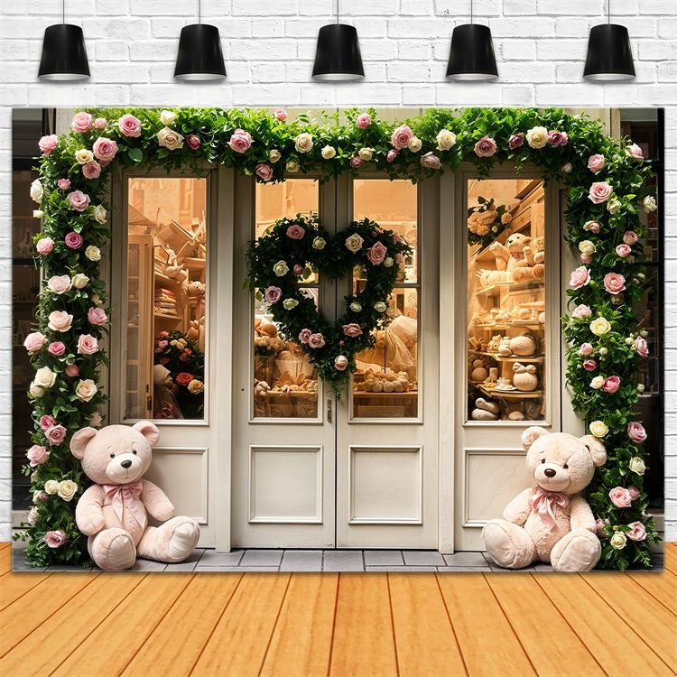 Valentine's Day Photography Backdrop Teddy Roses Door Backdrop UK BRP11-380