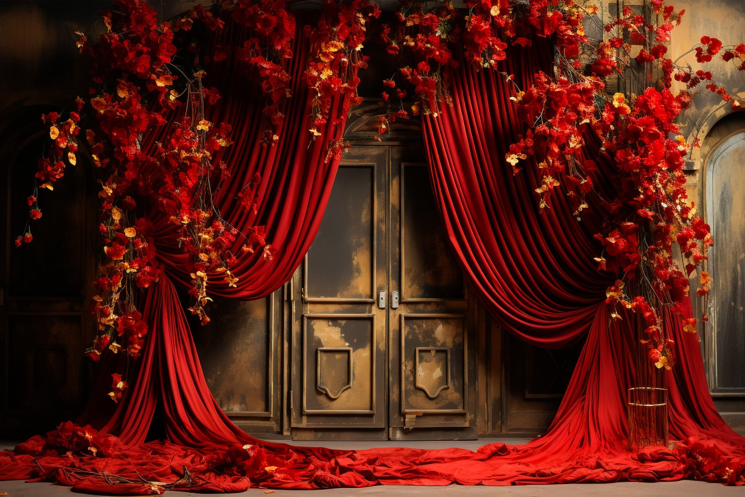 Valentines Photo Booth Backdrop Red Drapes Flowers Backdrop UK BRP11-395