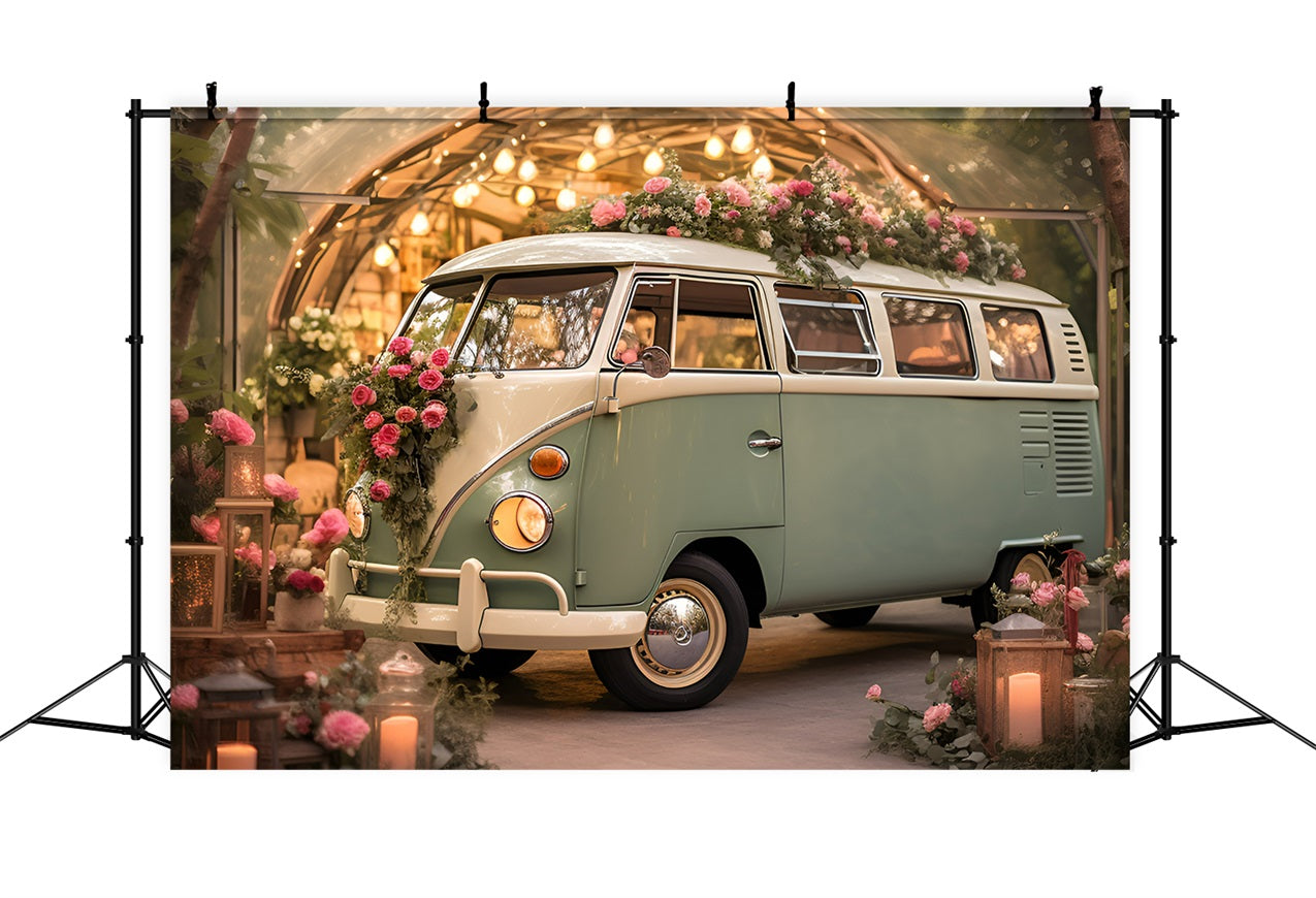 Photoshoot Valentines Backdrop Green Bus Floral Wedding Backdrop UK BRP11-405