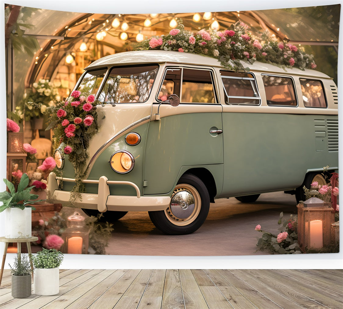 Photoshoot Valentines Backdrop Green Bus Floral Wedding Backdrop UK BRP11-405