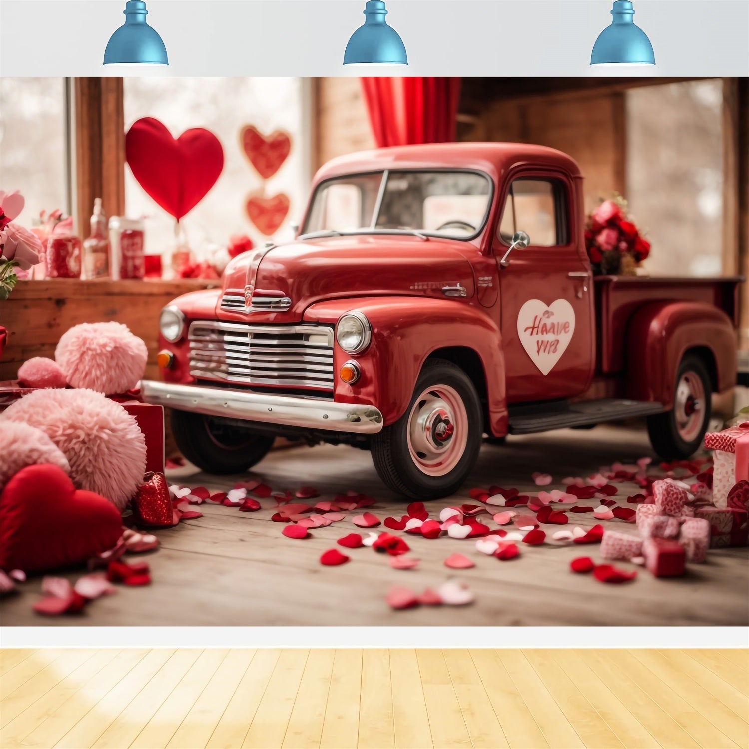 Backdrop Valentine Heart-Themed Decorated Red Truck Backdrop UK BRP11-407