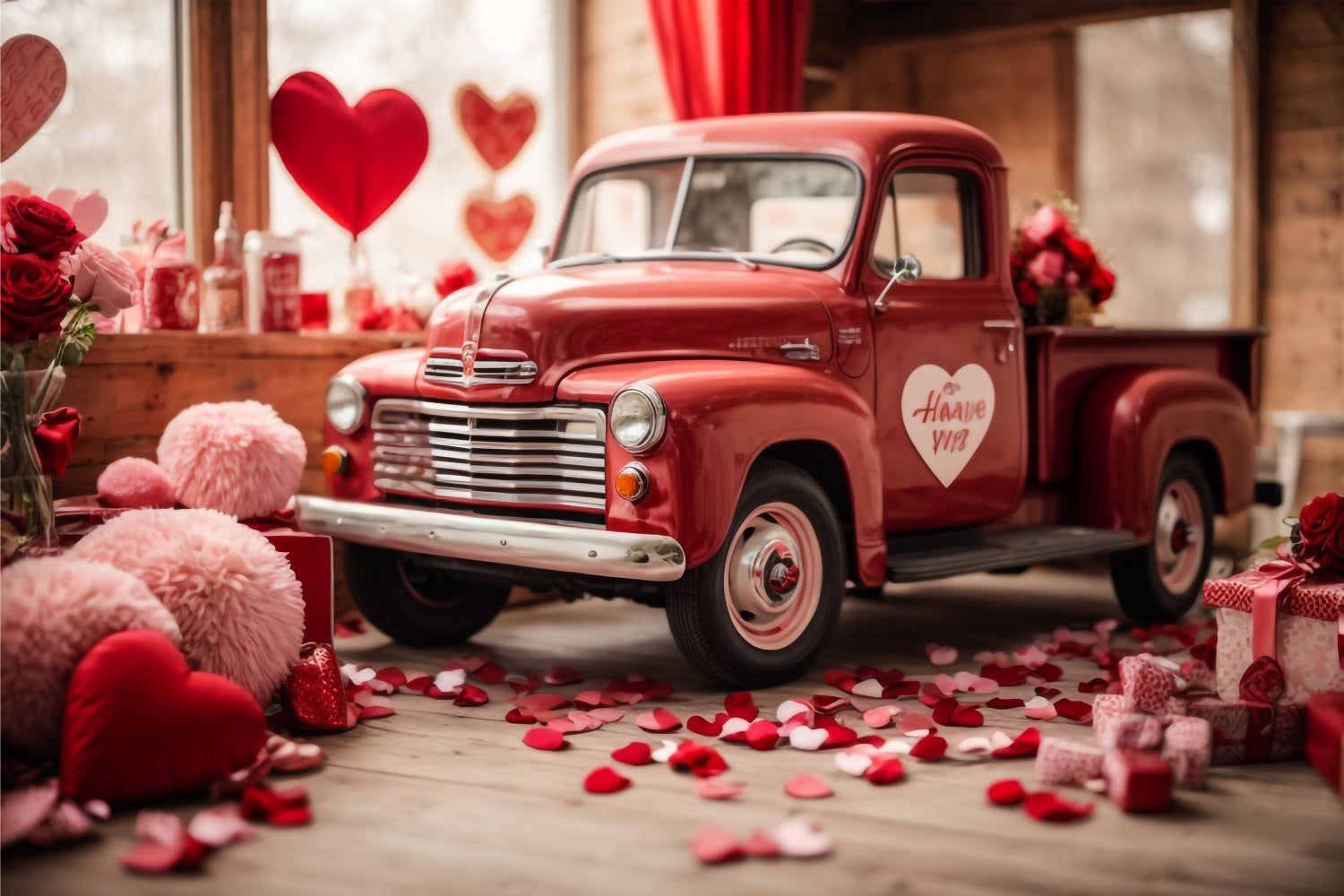 Backdrop Valentine Heart-Themed Decorated Red Truck Backdrop UK BRP11-407