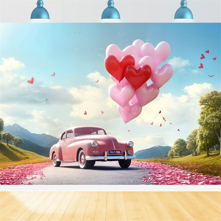 Valentine Backdrops Heart Balloon Road Pink Car Backdrop UK BRP11-411