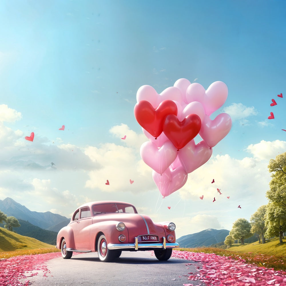 Valentine Backdrops Heart Balloon Road Pink Car Backdrop UK BRP11-411