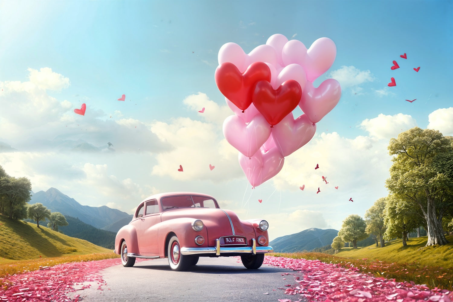 Valentine Backdrops Heart Balloon Road Pink Car Backdrop UK BRP11-411