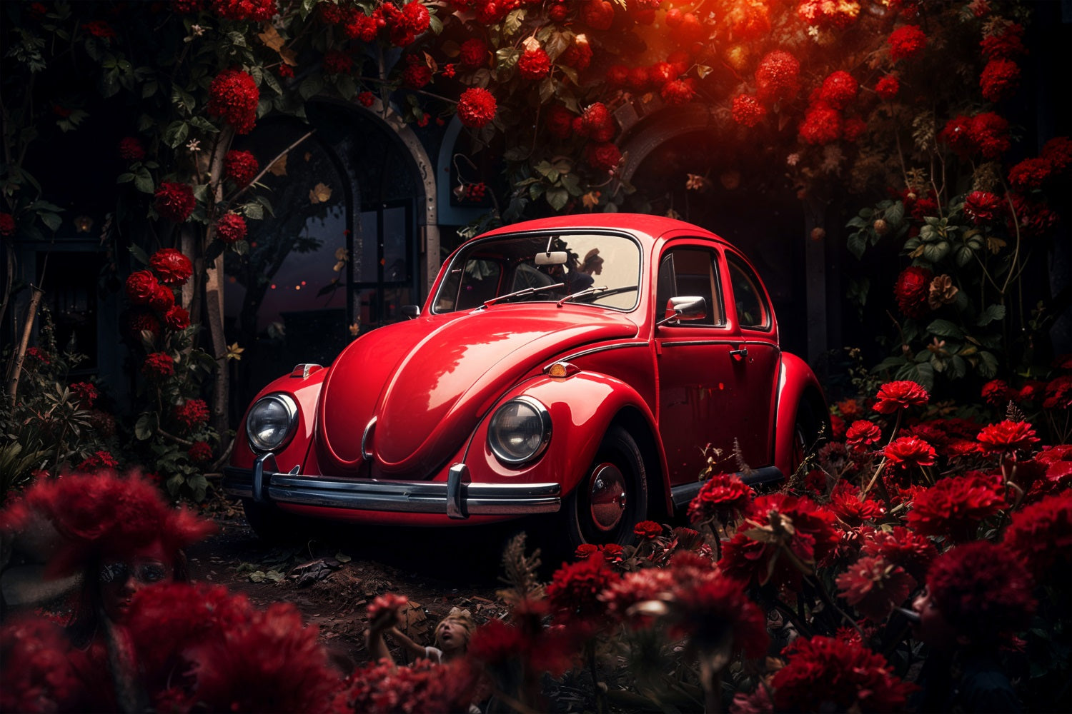 Valentine's Day Photo Backdrop Crimson Car Flowers Backdrop UK BRP11-413