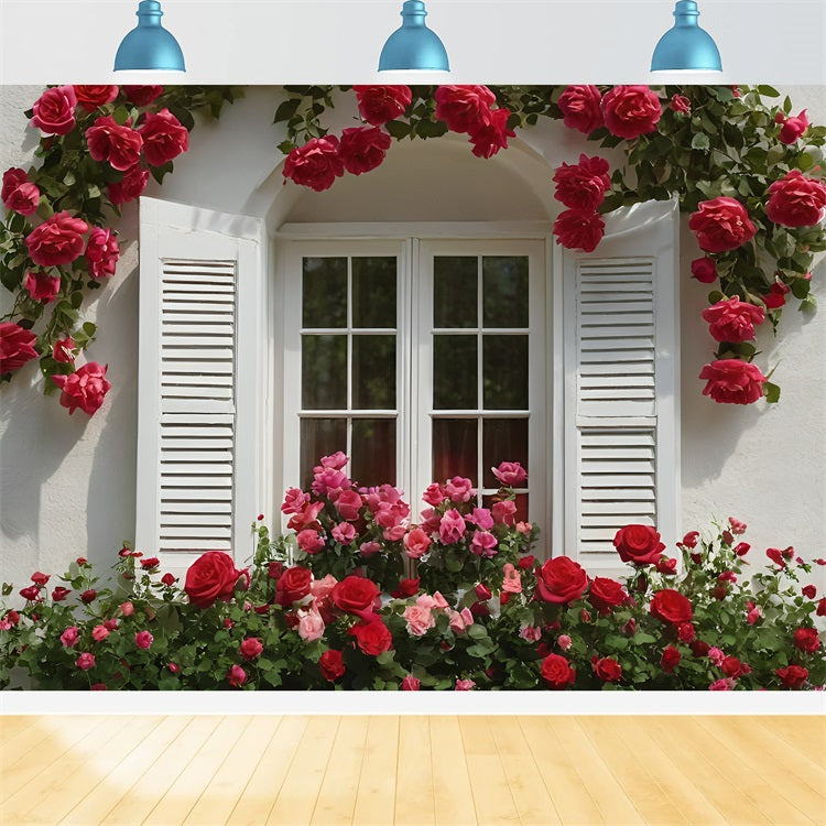 Valentine's Day Photo Backdrops Rose-Decorated White Window Backdrop UK BRP11-415