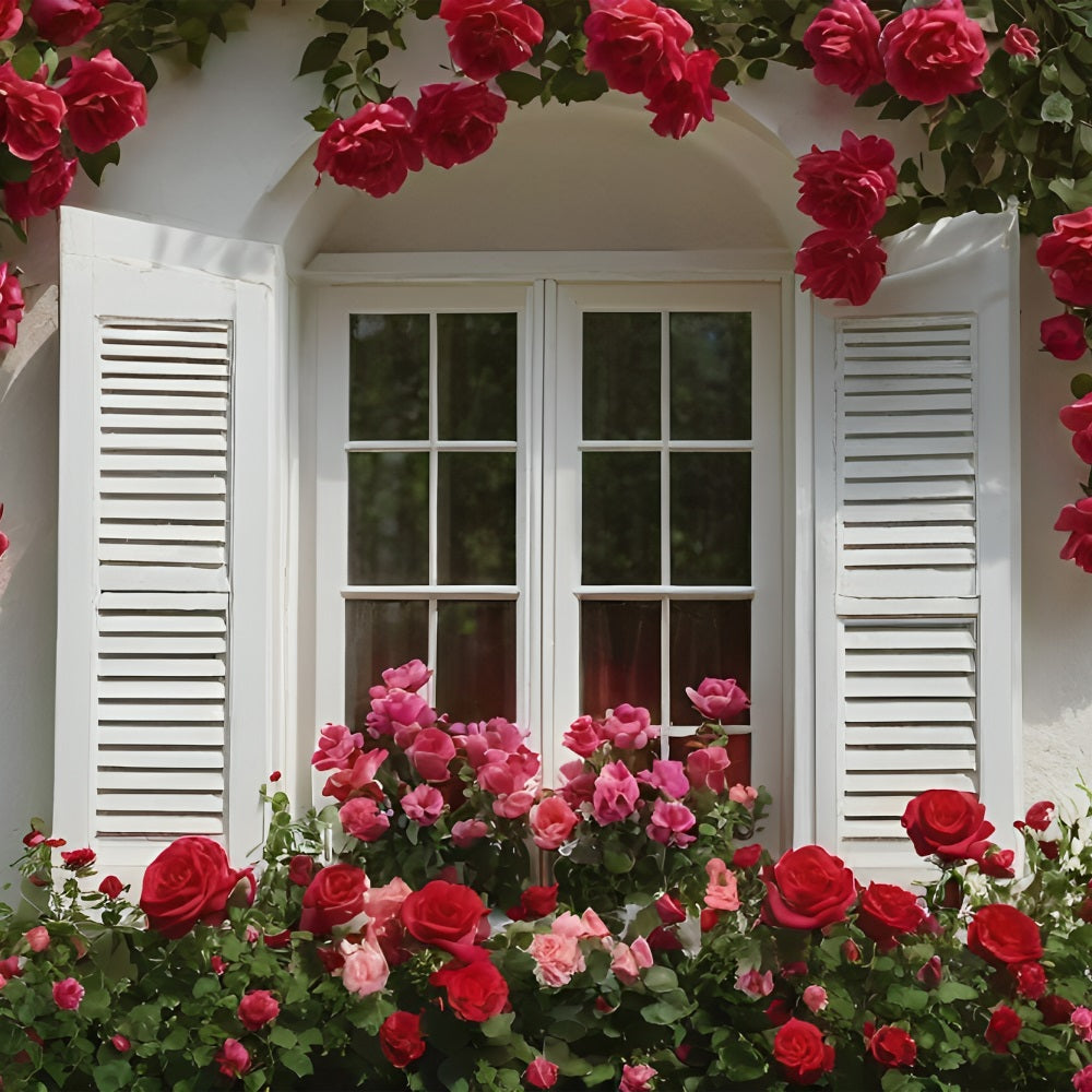 Valentine's Day Photo Backdrops Rose-Decorated White Window Backdrop UK BRP11-415