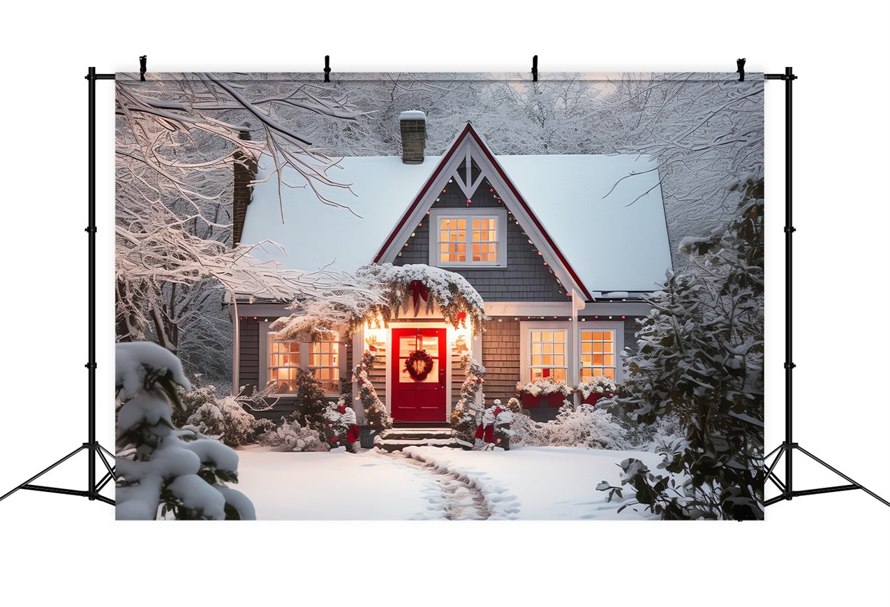 Winter Backdrops Cottage Snowy Landscape Warm Lights Backdrop UK BRP11-42