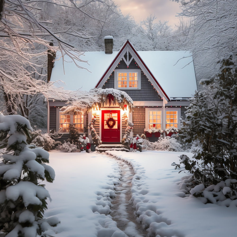 Winter Backdrops Cottage Snowy Landscape Warm Lights Backdrop UK BRP11-42