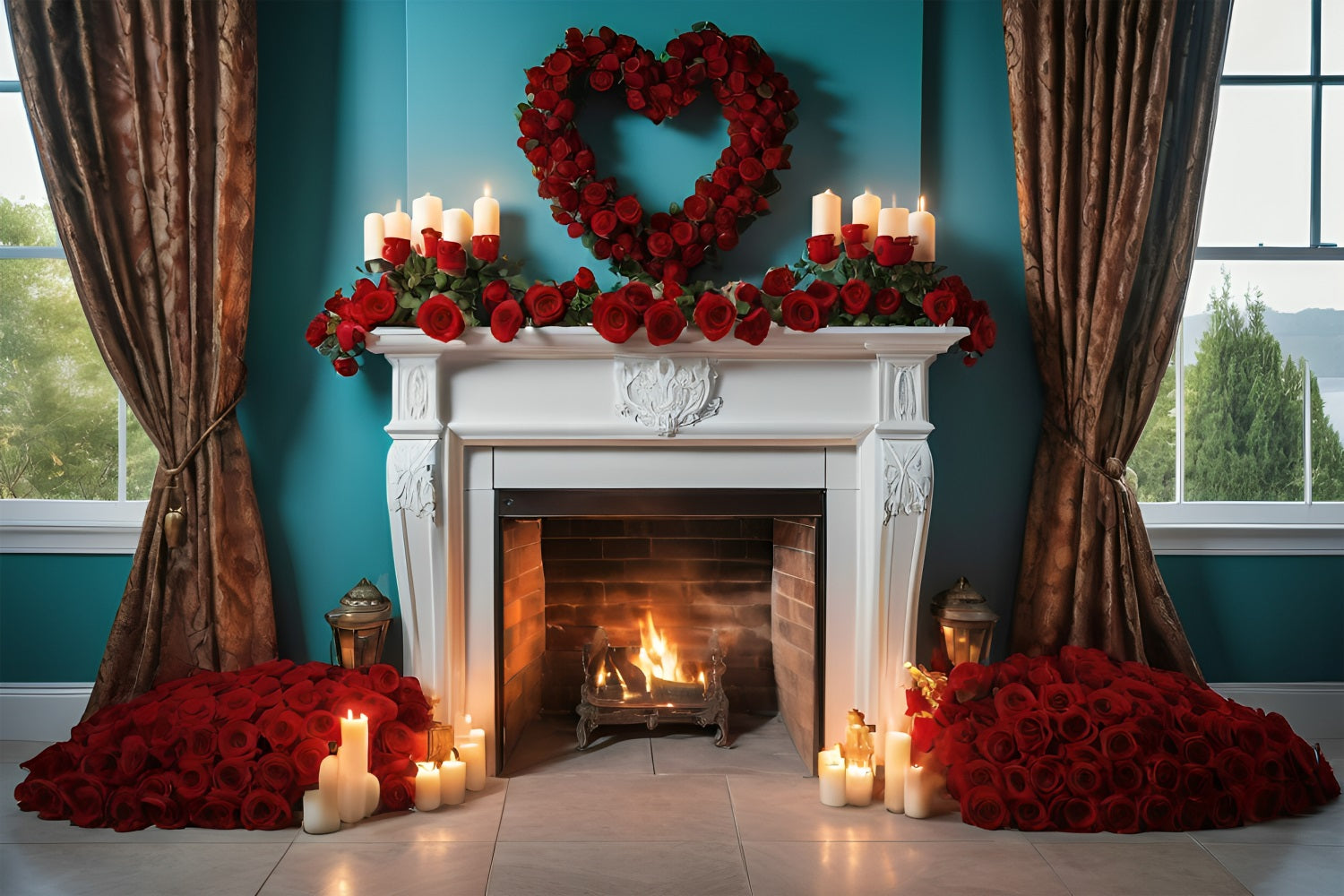 Valentine Backdrop Ideas Fireplace Roses Candles Backdrop UK BRP11-421