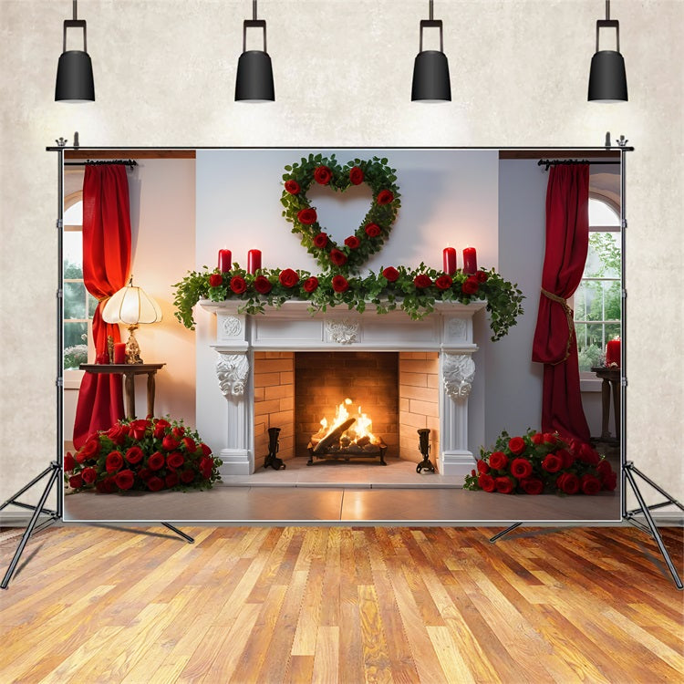 Valentines Backdrop Ideas White Fireplace Roses Decor Backdrop UK BRP11-422