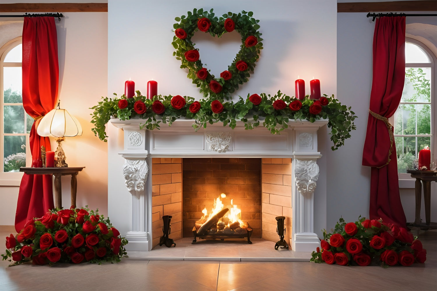 Valentines Backdrop Ideas White Fireplace Roses Decor Backdrop UK BRP11-422