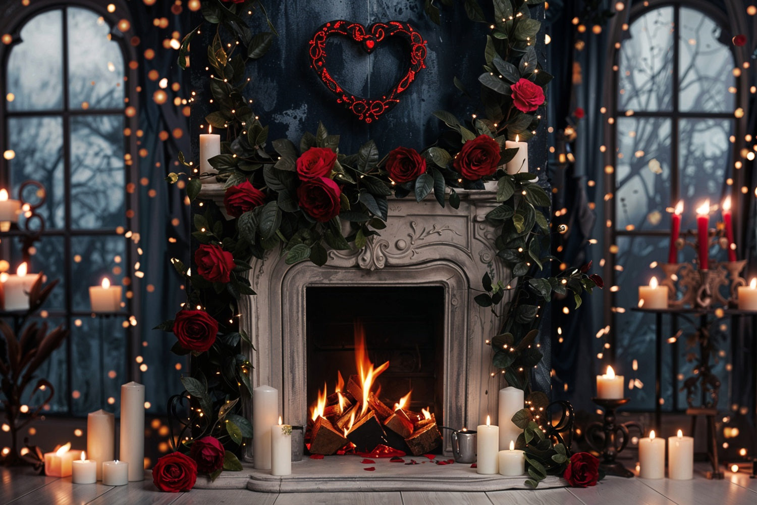 Valentine Photography Backdrops Gothic Roses Lights Fireplace Backdrop UK BRP11-423