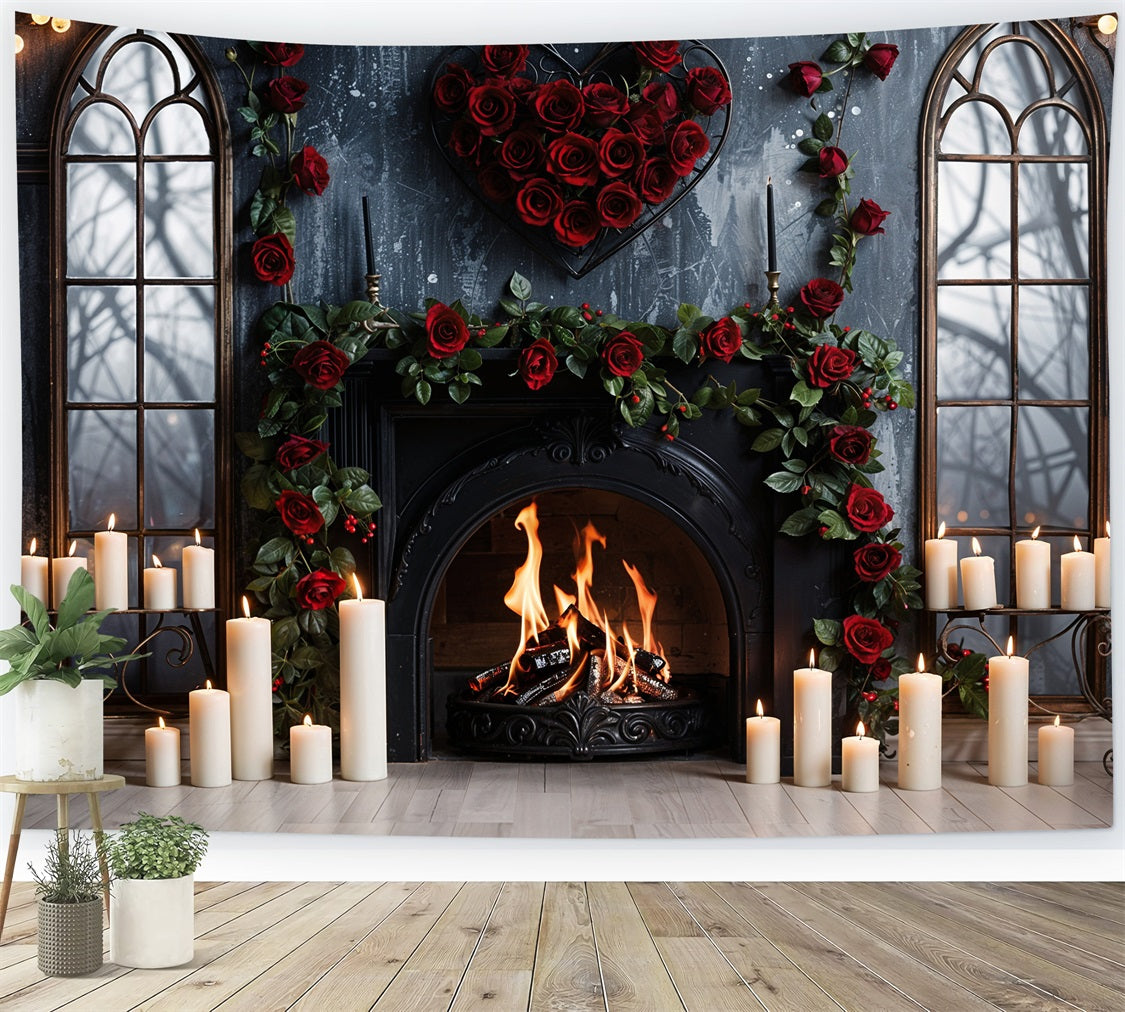 Valentine Photography Backdrop Arched Window Fireplace Roses Backdrop UK BRP11-424