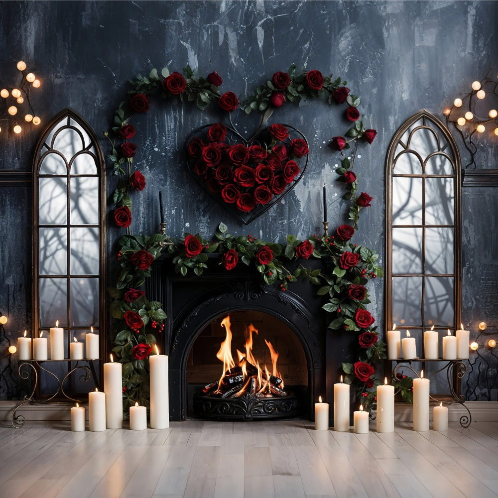 Valentine Photography Backdrop Arched Window Fireplace Roses Backdrop UK BRP11-424