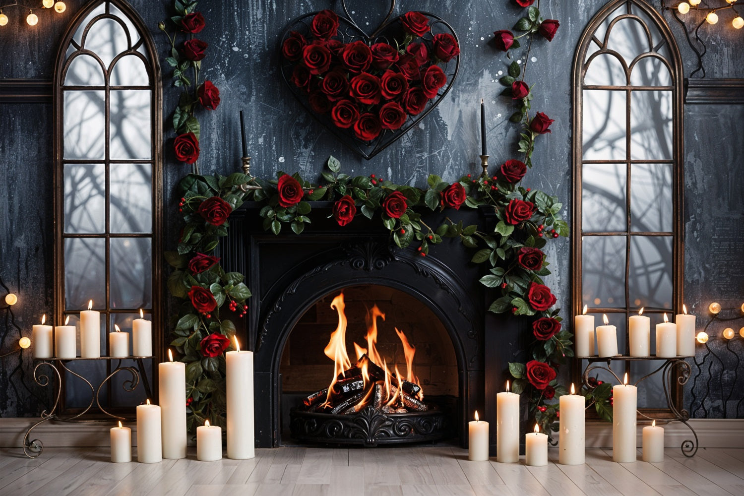 Valentine Photography Backdrop Arched Window Fireplace Roses Backdrop UK BRP11-424