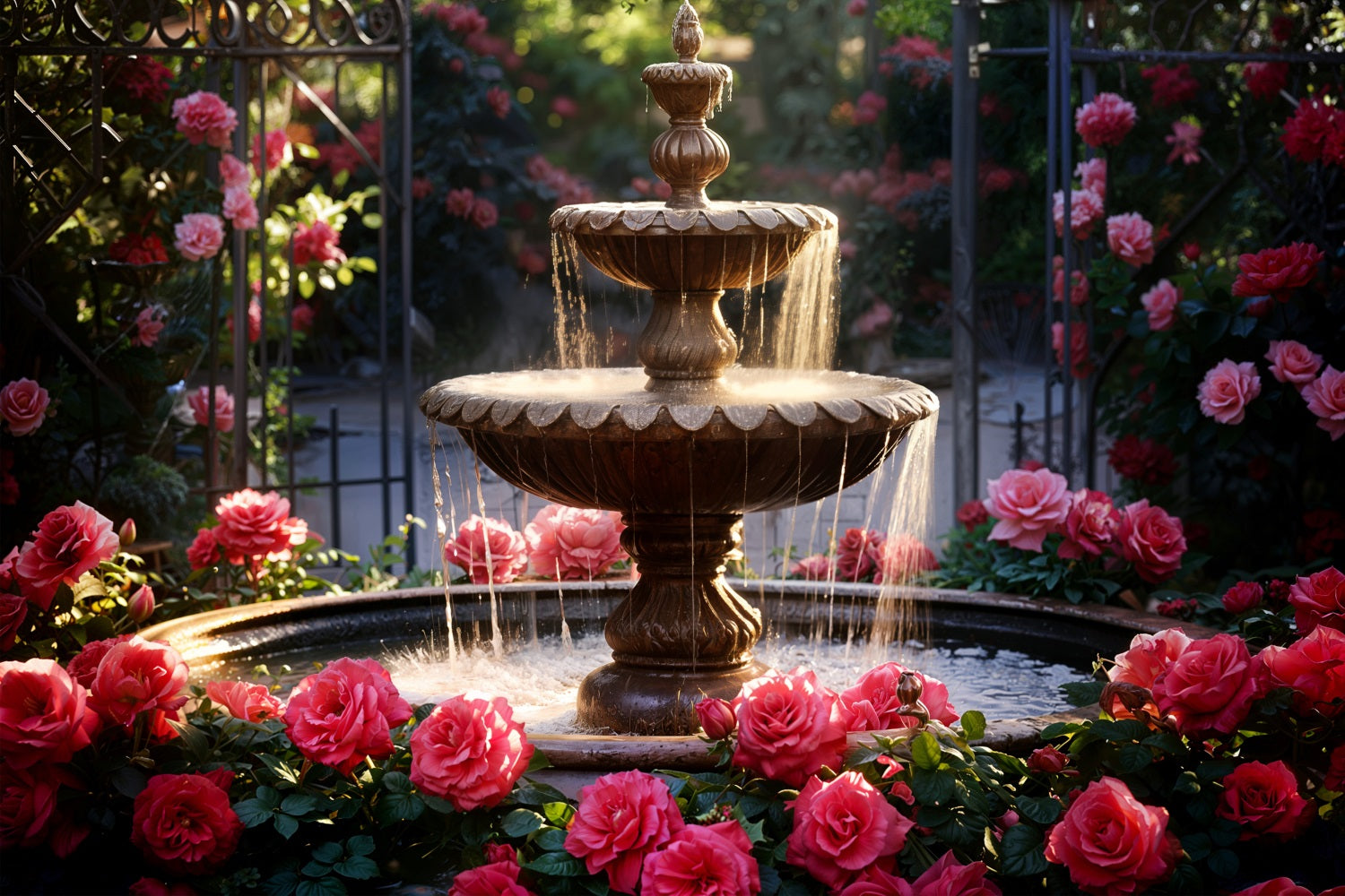 Valentines Photography Backdrop Garden Fountain Romantic Roses Backdrop UK BRP11-425