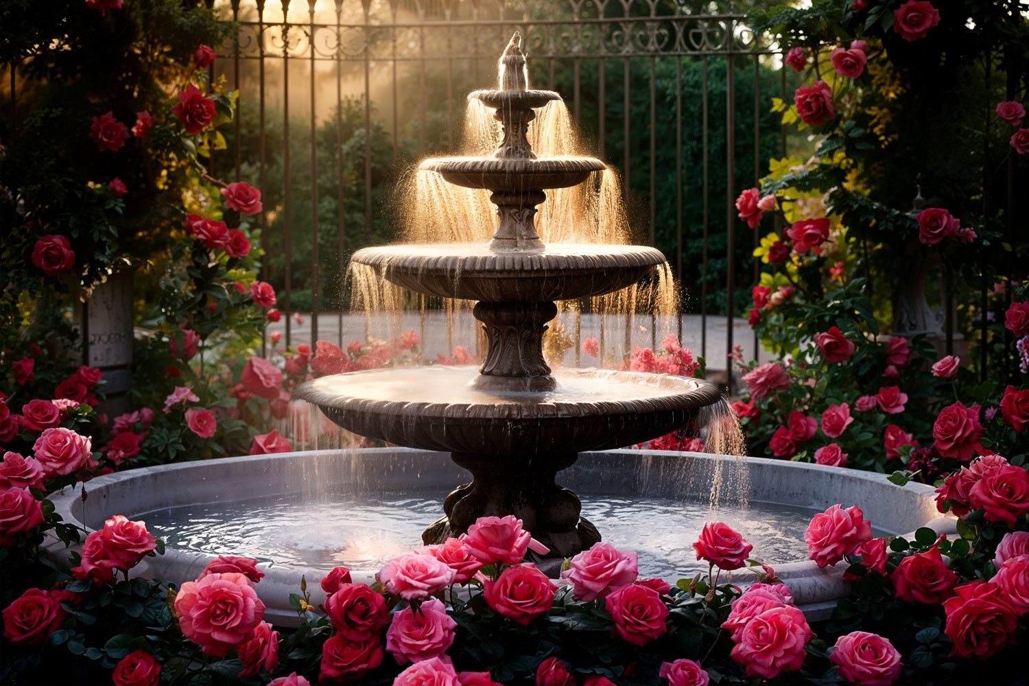 Valentines Photography Backdrops Three-Tier Fountain Pink Roses Backdrop UK BRP11-426