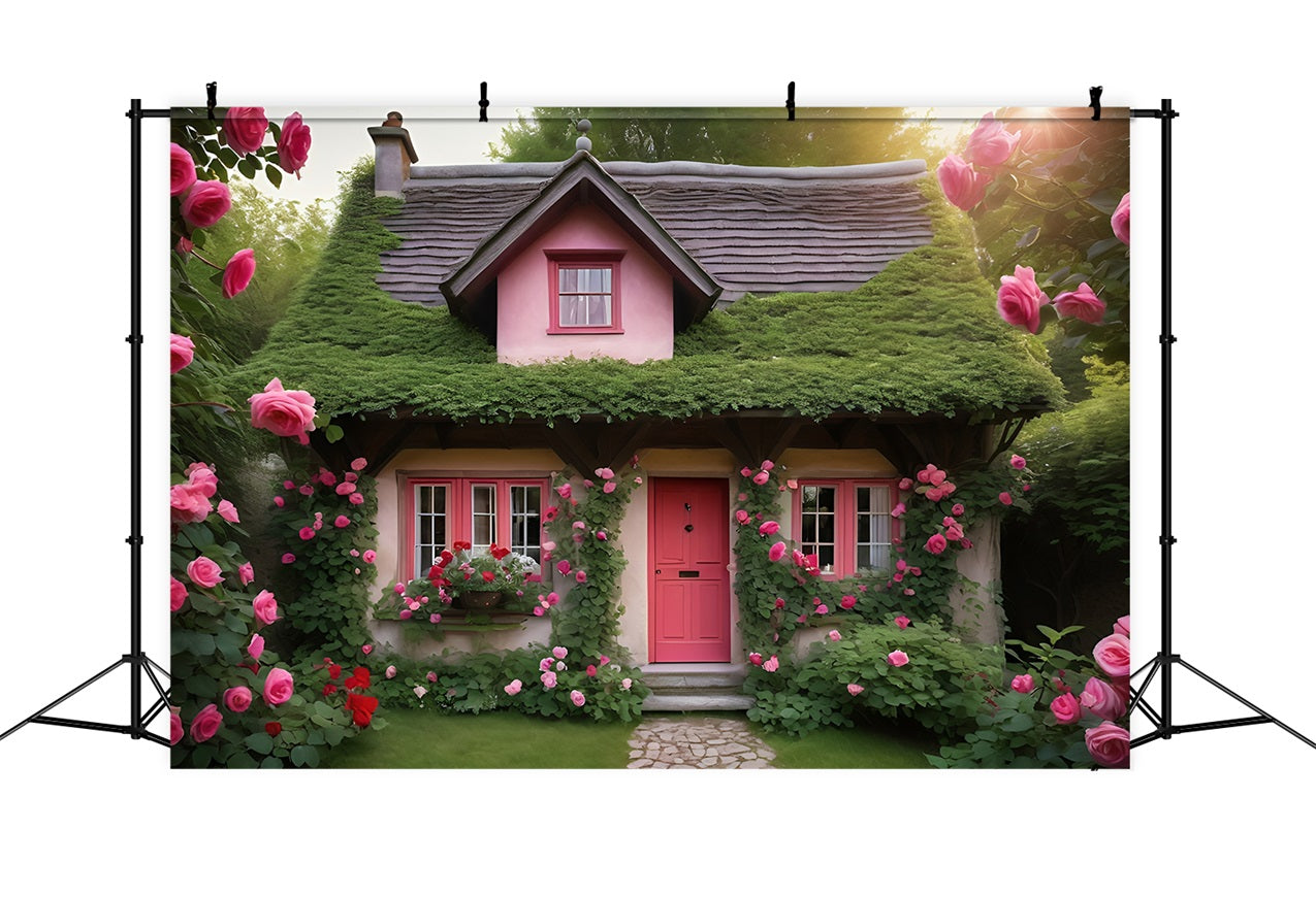 Valentine Photo Backdrops Pink Cottage Surrounded Roses Backdrop UK BRP11-433