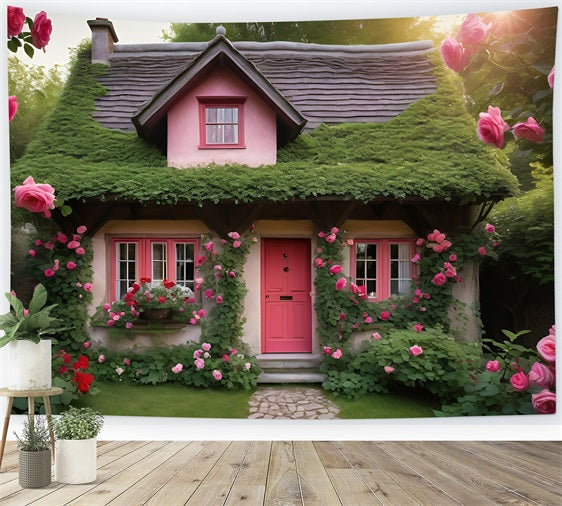 Valentine Photo Backdrops Pink Cottage Surrounded Roses Backdrop UK BRP11-433