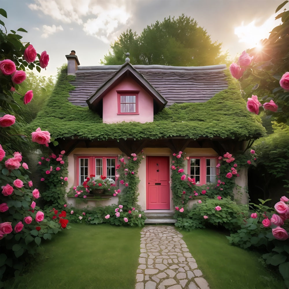 Valentine Photo Backdrops Pink Cottage Surrounded Roses Backdrop UK BRP11-433