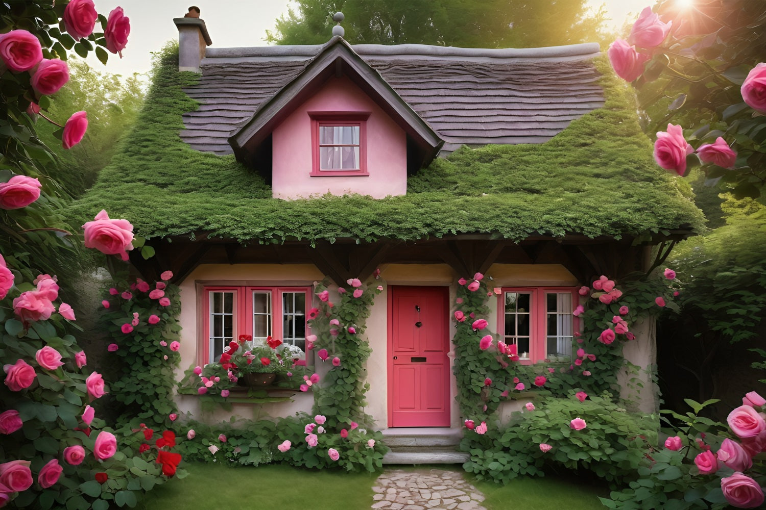 Valentine Photo Backdrops Pink Cottage Surrounded Roses Backdrop UK BRP11-433