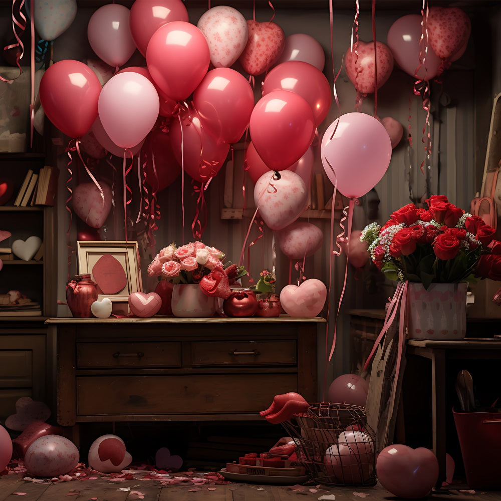 Valentine Day Backdrop Balloons Flowers Scene Backdrop UK BRP11-444