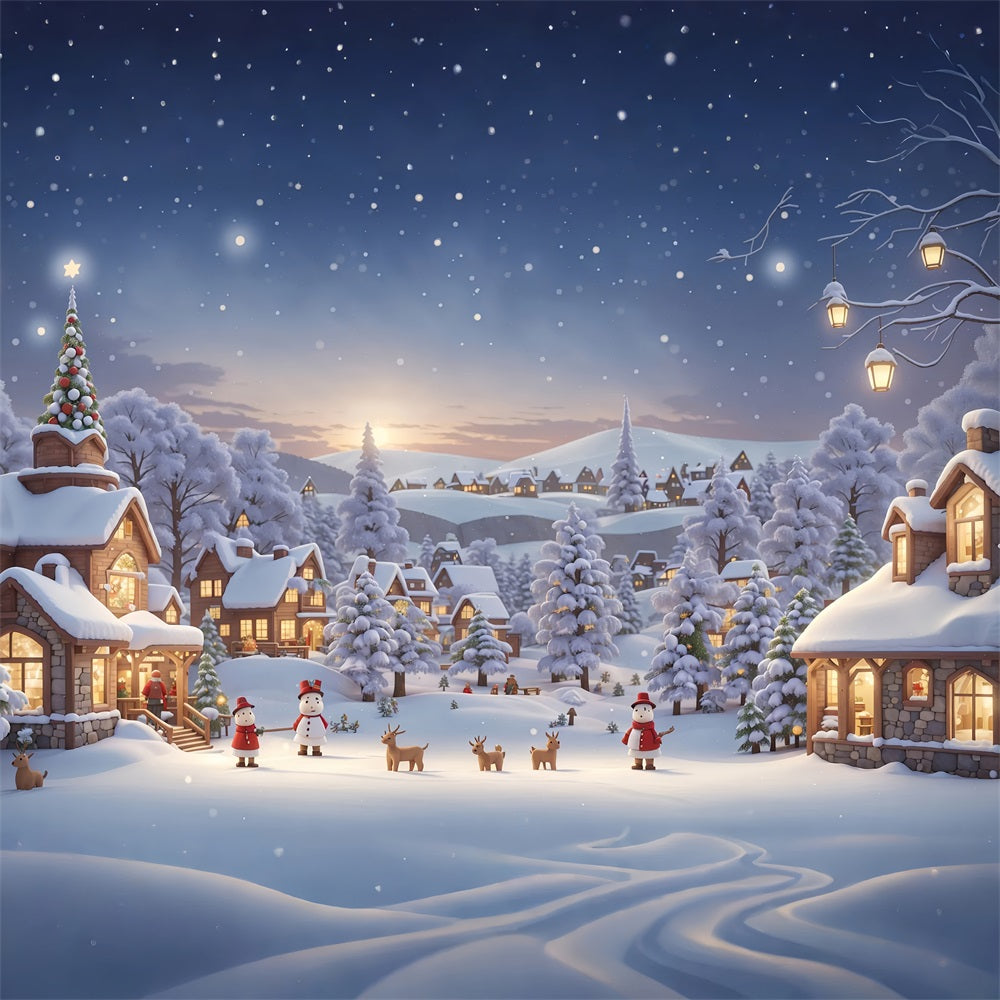 Winter Backdrop Cozy Village Snowmen Deer Backdrop UK BRP11-475