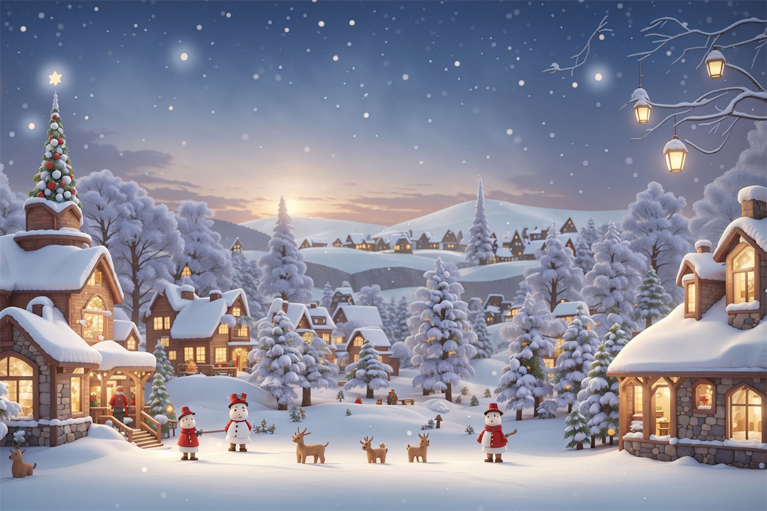 Winter Backdrop Cozy Village Snowmen Deer Backdrop UK BRP11-475