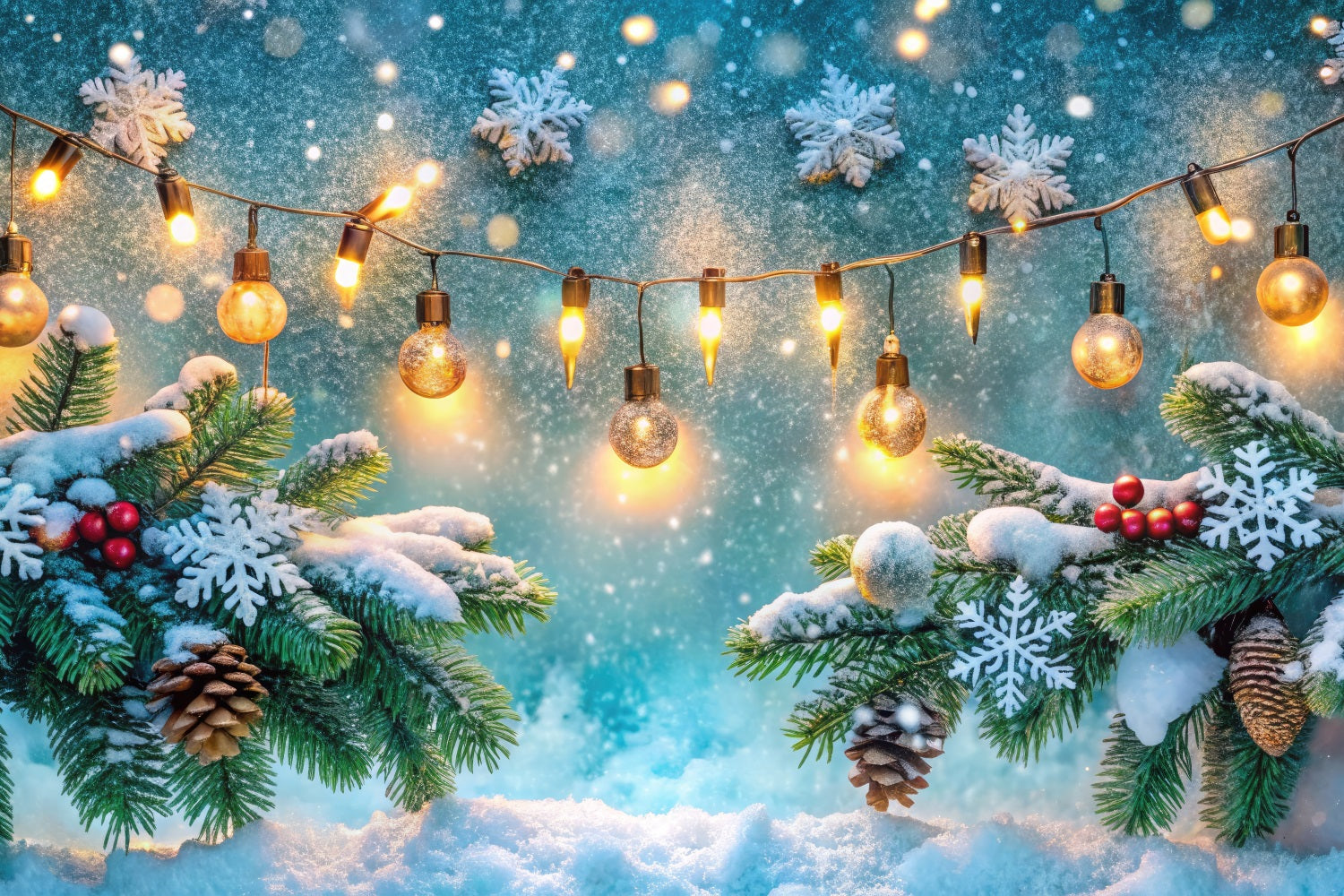 Winter Scene Backdrop Frosted Pinecones String Lights Backdrop UK BRP11-481