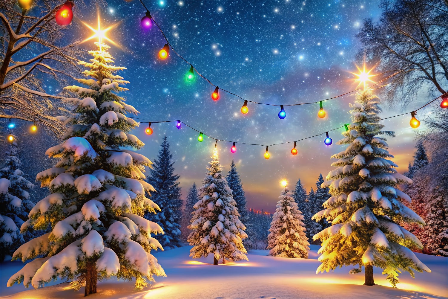 Winter Backdrop Scenes Colorful Lights Snowy Trees Backdrop UK BRP11-485