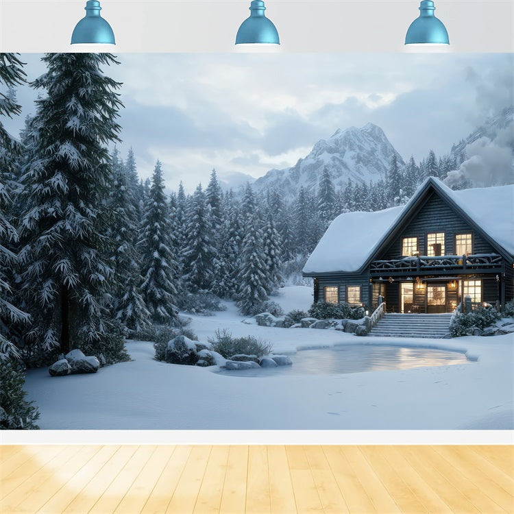 Winter Backdrops Log Cabin Snowy Woods Backdrop UK BRP11-489