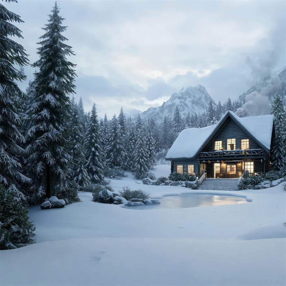 Winter Backdrops Log Cabin Snowy Woods Backdrop UK BRP11-489