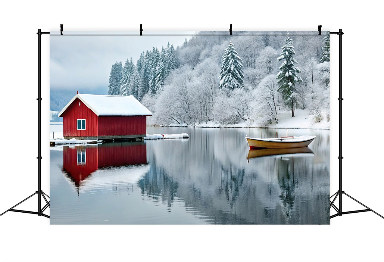 Winter Wonderland Backdrop Red Cabin Frozen Lake Backdrop UK BRP11-493