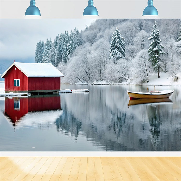 Winter Wonderland Backdrop Red Cabin Frozen Lake Backdrop UK BRP11-493