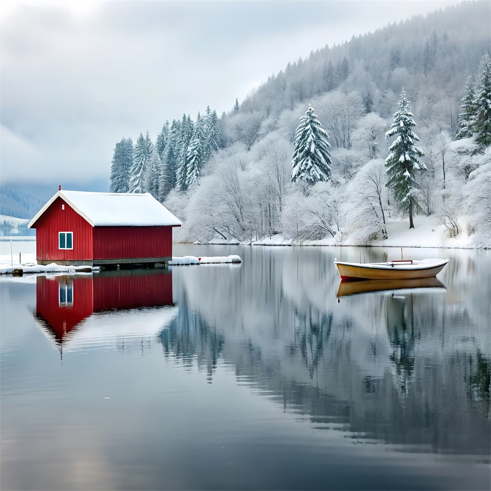 Winter Wonderland Backdrop Red Cabin Frozen Lake Backdrop UK BRP11-493