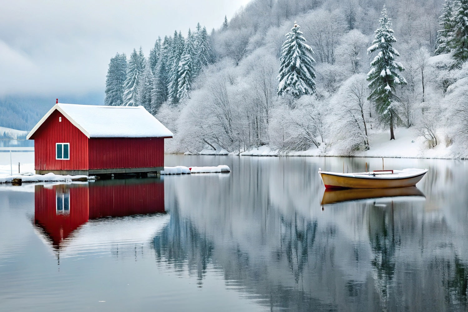 Winter Wonderland Backdrop Red Cabin Frozen Lake Backdrop UK BRP11-493