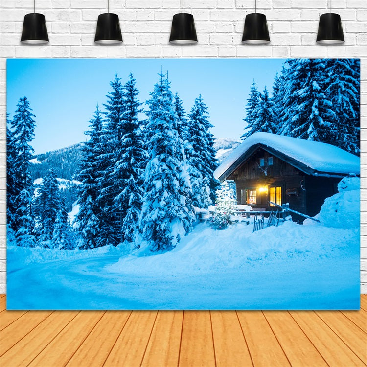 Winter Scene Backdrops Cabin Snowy Pine Forest Backdrop UK BRP11-494