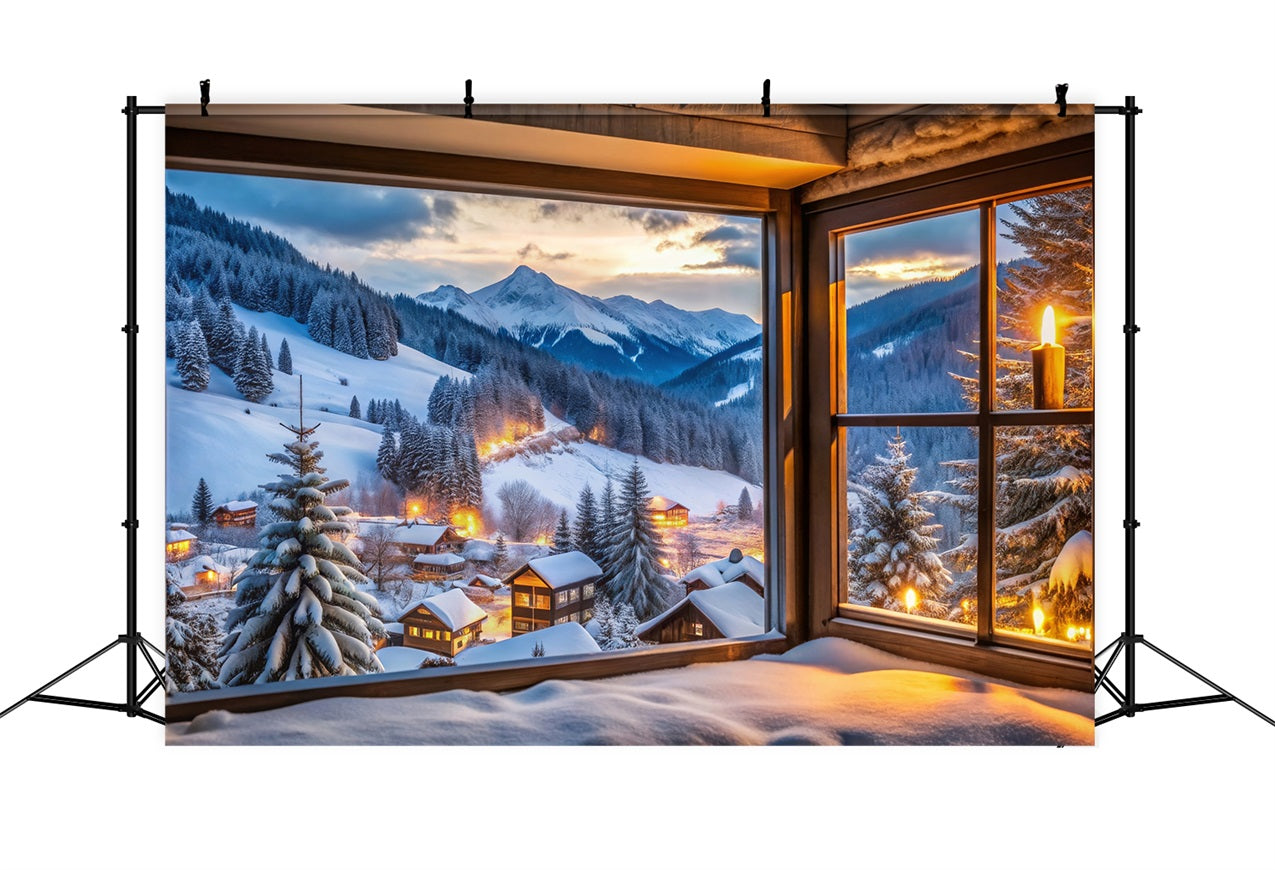 Winter Snow Backdrop Mountain Village Through Window Backdrop UK BRP11-496