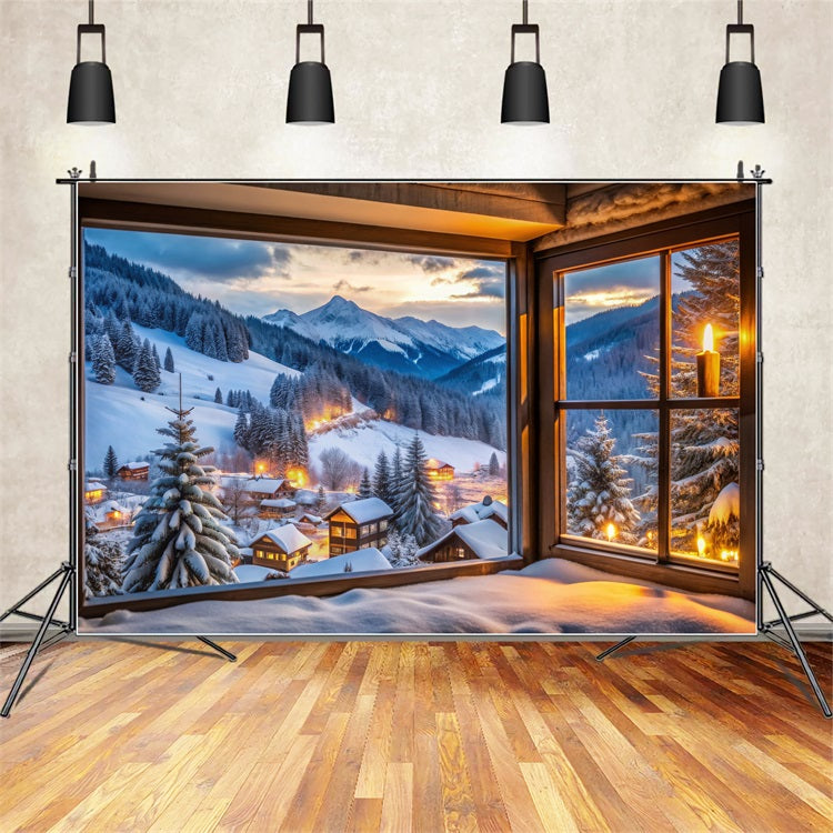 Winter Snow Backdrop Mountain Village Through Window Backdrop UK BRP11-496