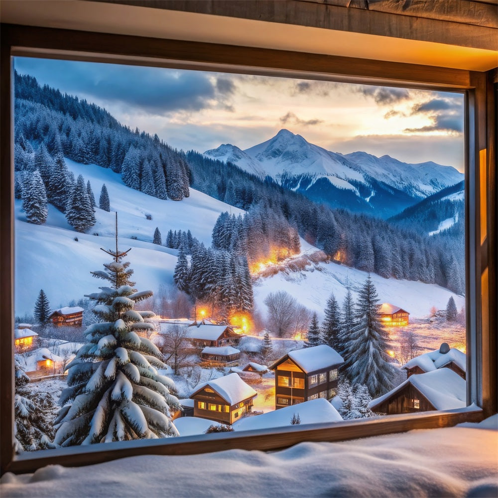 Winter Snow Backdrop Mountain Village Through Window Backdrop UK BRP11-496