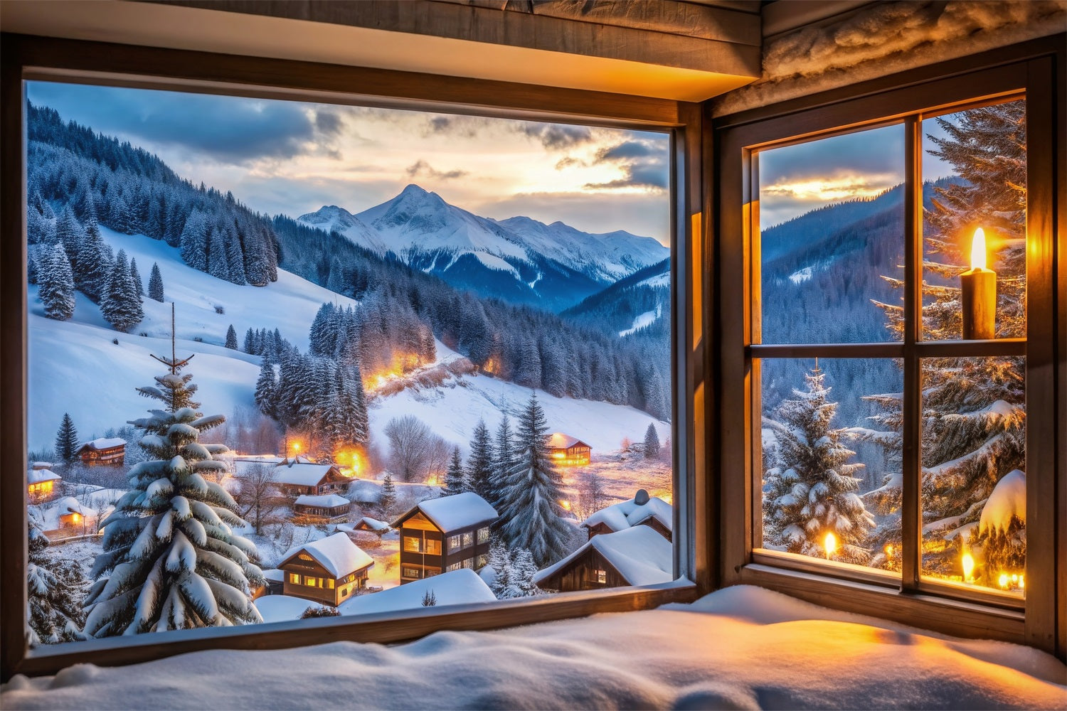 Winter Snow Backdrop Mountain Village Through Window Backdrop UK BRP11-496