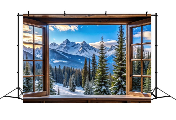 Winter Backdrop Majestic Snowy Mountain Peaks Window Backdrop UK BRP11-499