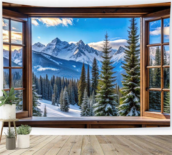 Winter Backdrop Majestic Snowy Mountain Peaks Window Backdrop UK BRP11-499